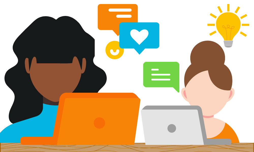 Two people sitting side-by-side at a desk using laptops with chat and idea icons above them, representing in-person staff tutoring.