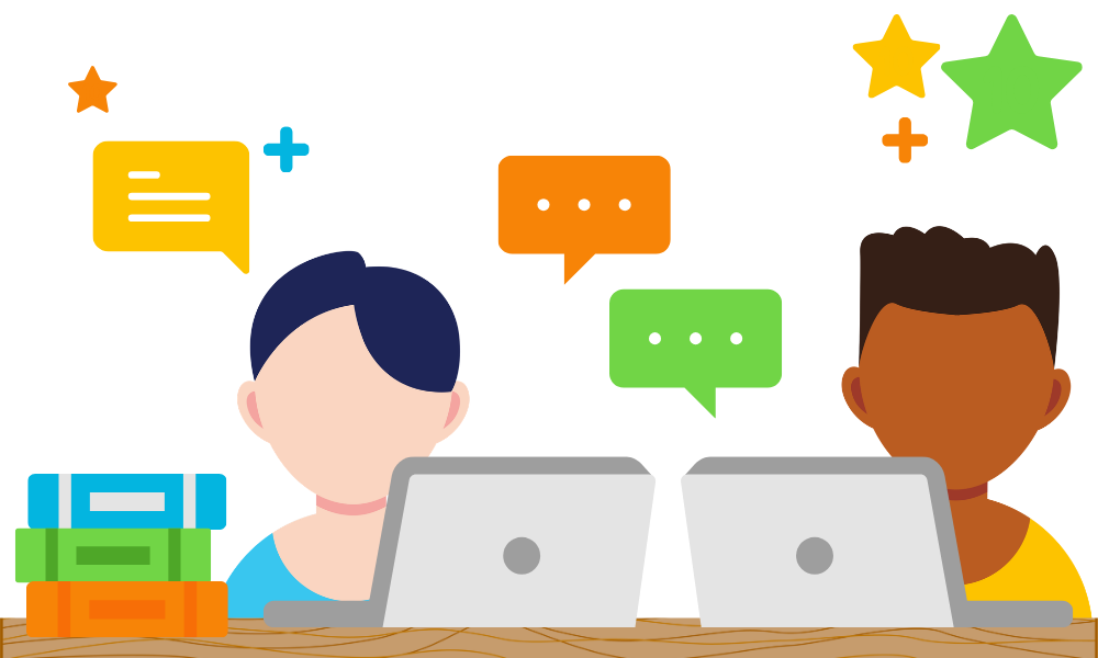 Two students in front of laptops with a stack of books next to them