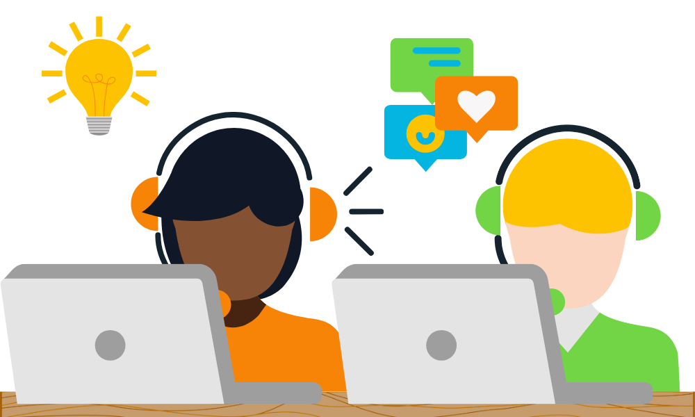 Two students wearing headsets in front of laptops representing remote virtual tutoring.