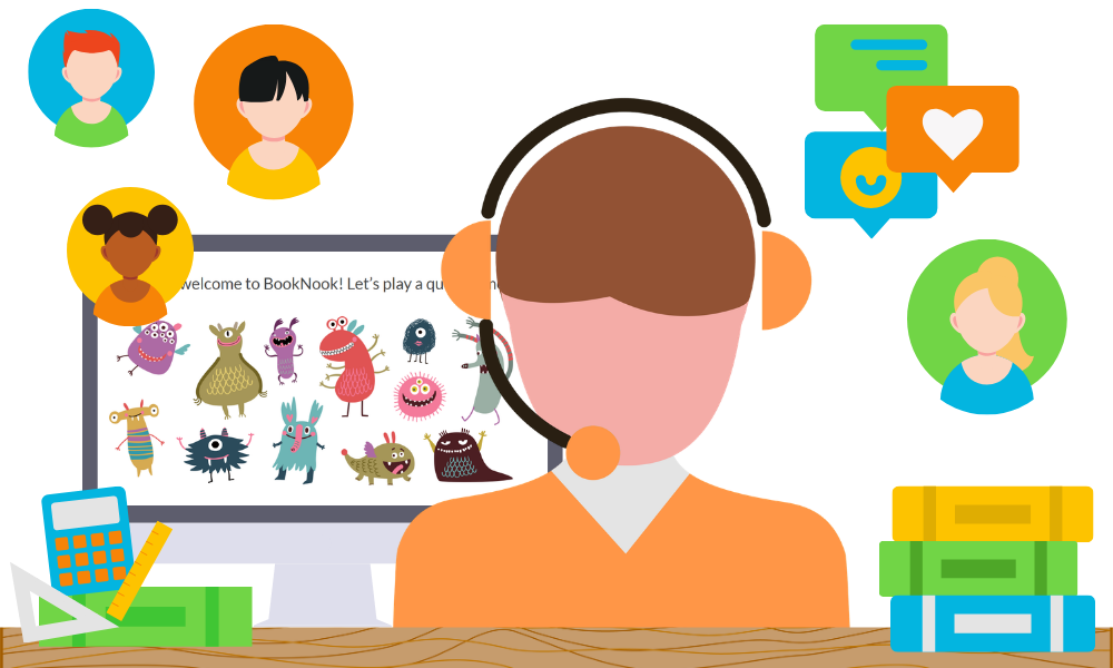 A tutor wearing a headset in front of a computer screen showing students and learning games, representing remote virtual tutoring.