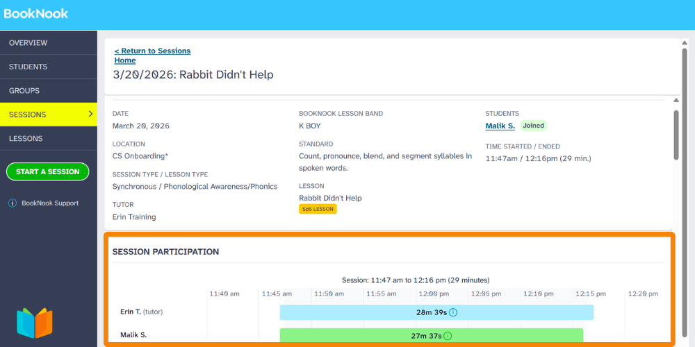 Screenshot of the Session Page with an orange box around the Session Participation section.