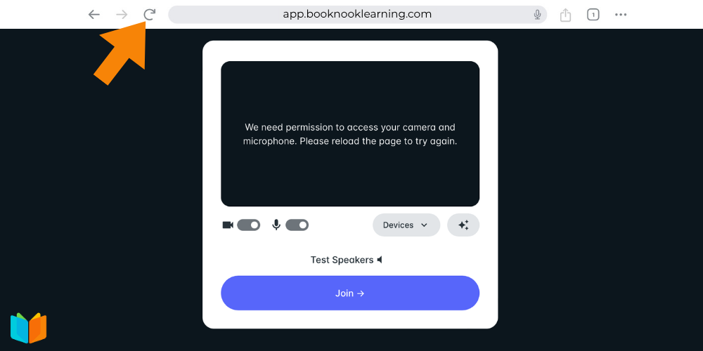 Browser window highlighting the page refresh icon to retry camera and microphone access.