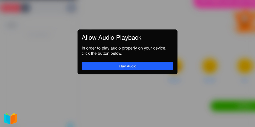 iPad pop-up window with a "Play Audio" button to enable device sound.