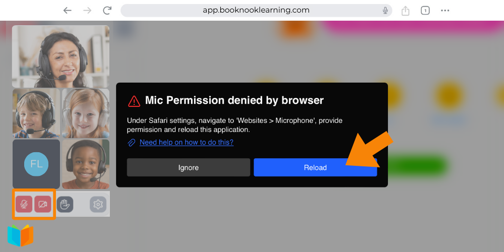 Error message "Mic Permission denied by browser" with an arrow pointing to the blue "Reload" button.