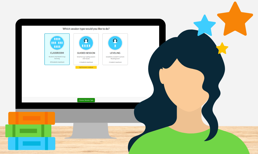 Illustration of a tutor wearing a green shirt in front of a computer screen showing Classroom Session selected.