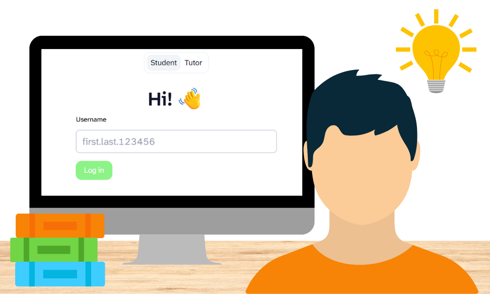 Illustration of a student wearing an orange shirt in front of a computer screen showing the BookNook logo.