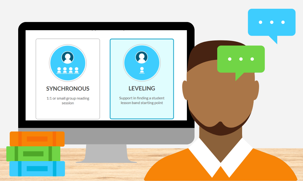 Illustration of a tutor wearing an orange shirt in front of a computer screen showing Leveling Session selected.